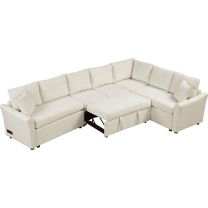 124.8"L-shaped Sofa Convertible Sofa Bed Pull Out Sofa Sleeper with Two Back Pillows, Two USB Ports and Two Power Sockets for Living Room, Beige