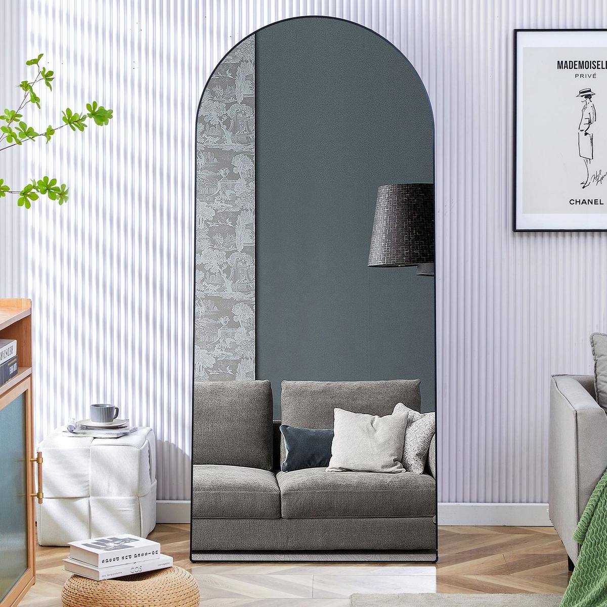 The 4th generation floor standing full-length rearview mirror. Black metal framed arched wall mirror, bathroom makeup mirror, floor standing mirror with bracket. Black 71 "x 31" AM