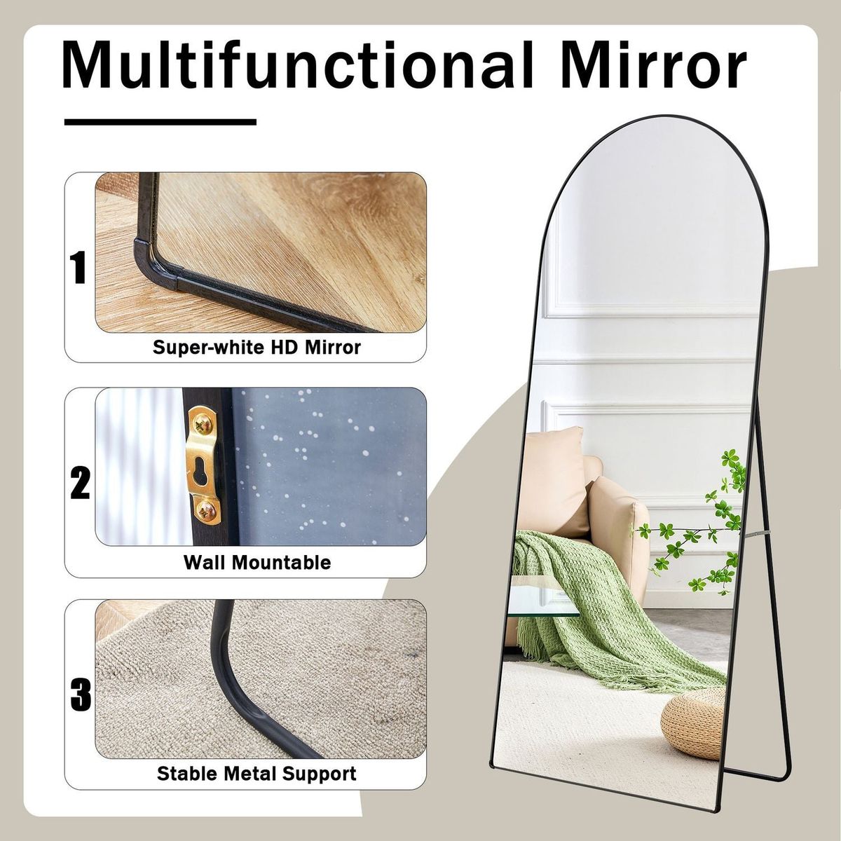 The 4th generation floor standing full-length rearview mirror. Black metal framed arched wall mirror, bathroom makeup mirror, floor standing mirror with bracket. Black 71 "x 31" AM