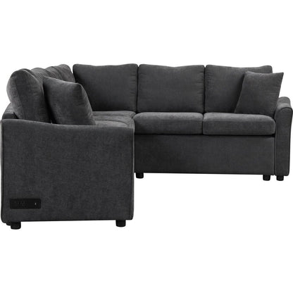 124.8"L-shaped Sofa Convertible Sofa Bed Pull Out Sofa Sleeper with Two Back Pillows, Two USB Ports and Two Power Sockets for Living Room, Gray