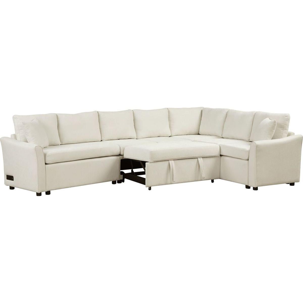 124.8"L-shaped Sofa Convertible Sofa Bed Pull Out Sofa Sleeper with Two Back Pillows, Two USB Ports and Two Power Sockets for Living Room, Beige