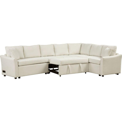 124.8"L-shaped Sofa Convertible Sofa Bed Pull Out Sofa Sleeper with Two Back Pillows, Two USB Ports and Two Power Sockets for Living Room, Beige