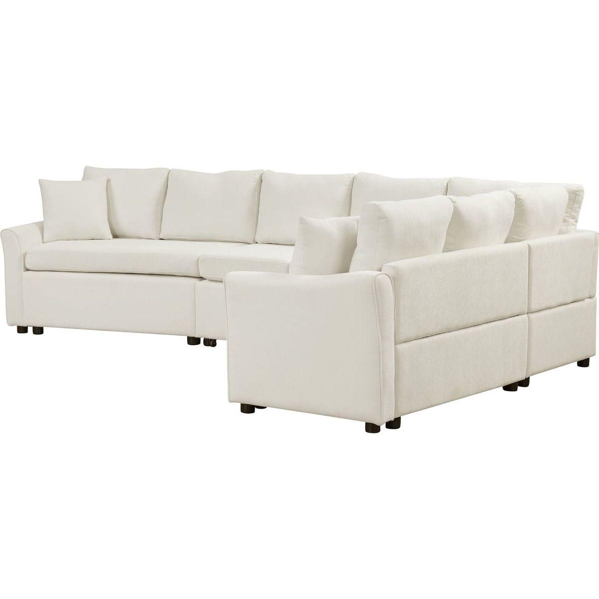 124.8"L-shaped Sofa Convertible Sofa Bed Pull Out Sofa Sleeper with Two Back Pillows, Two USB Ports and Two Power Sockets for Living Room, Beige