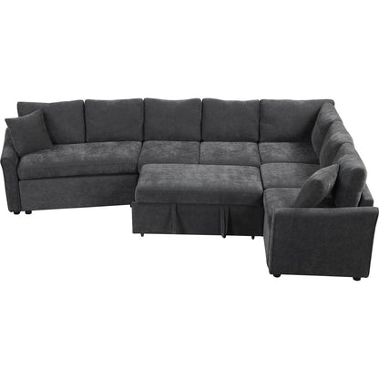 124.8"L-shaped Sofa Convertible Sofa Bed Pull Out Sofa Sleeper with Two Back Pillows, Two USB Ports and Two Power Sockets for Living Room, Gray