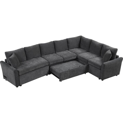 124.8"L-shaped Sofa Convertible Sofa Bed Pull Out Sofa Sleeper with Two Back Pillows, Two USB Ports and Two Power Sockets for Living Room, Gray
