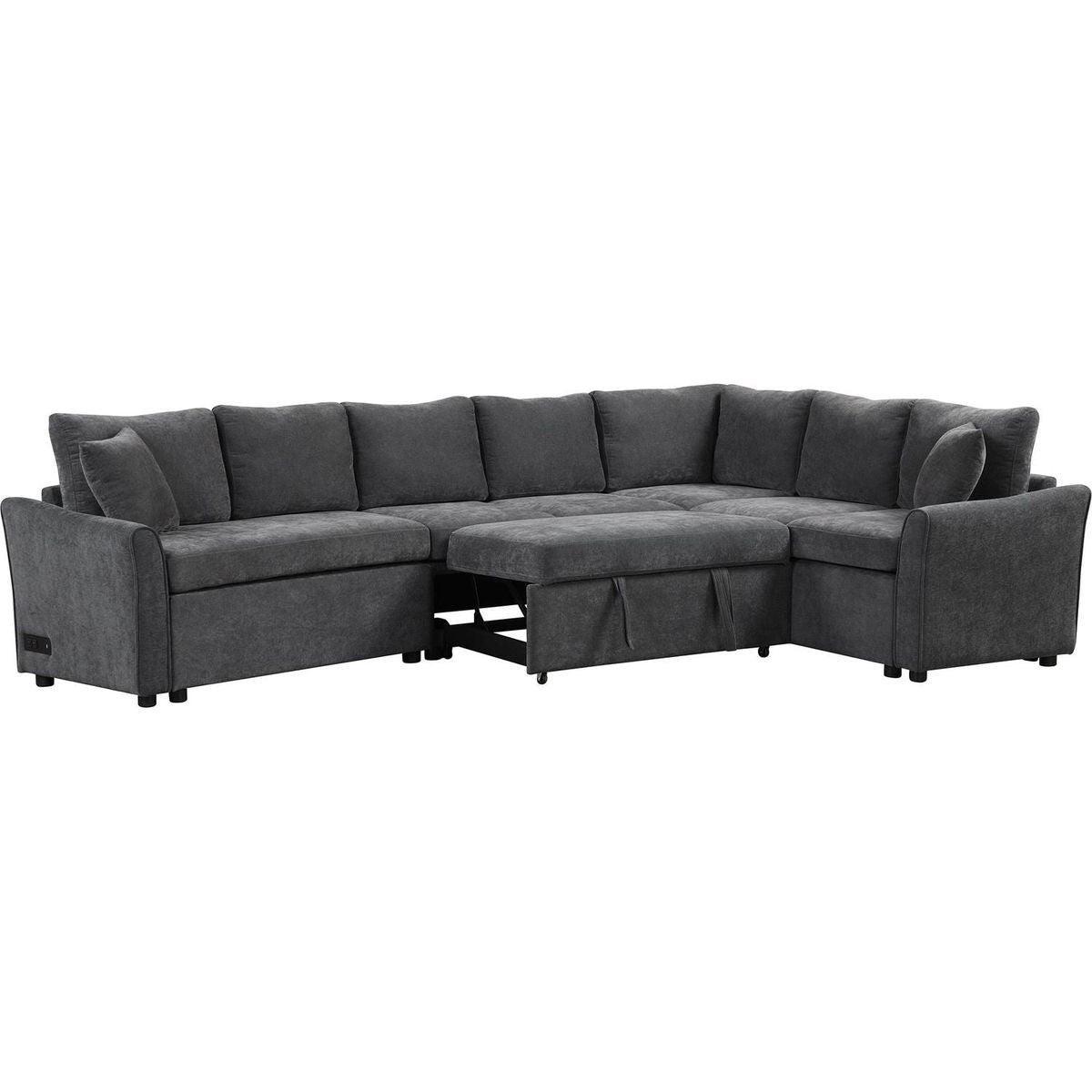 124.8"L-shaped Sofa Convertible Sofa Bed Pull Out Sofa Sleeper with Two Back Pillows, Two USB Ports and Two Power Sockets for Living Room, Gray