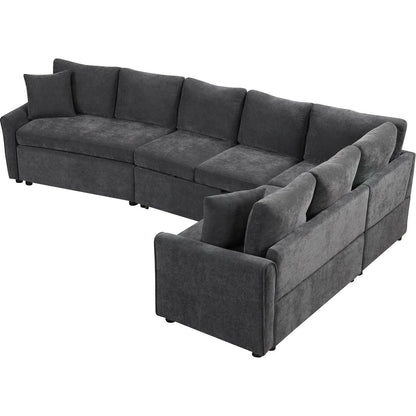 124.8"L-shaped Sofa Convertible Sofa Bed Pull Out Sofa Sleeper with Two Back Pillows, Two USB Ports and Two Power Sockets for Living Room, Gray