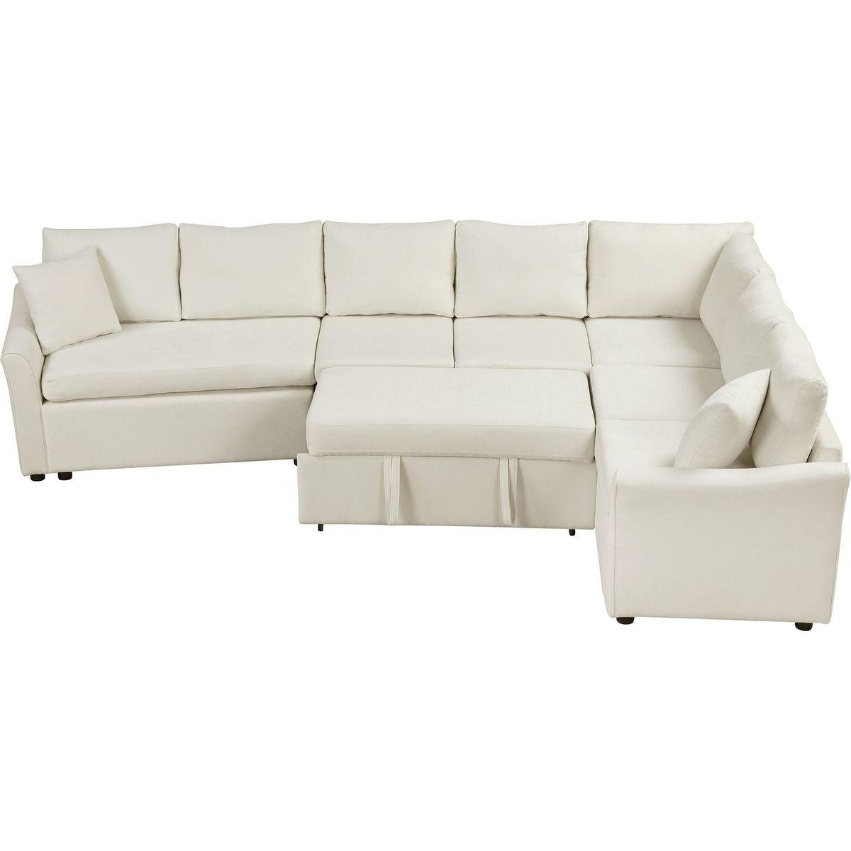 124.8"L-shaped Sofa Convertible Sofa Bed Pull Out Sofa Sleeper with Two Back Pillows, Two USB Ports and Two Power Sockets for Living Room, Beige