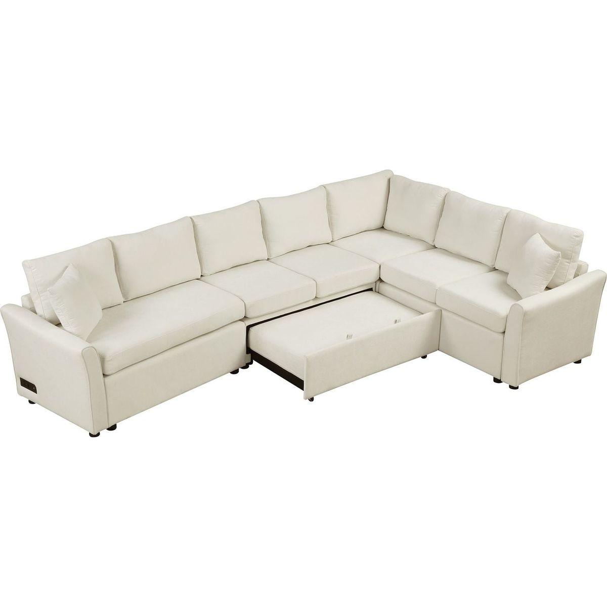 124.8"L-shaped Sofa Convertible Sofa Bed Pull Out Sofa Sleeper with Two Back Pillows, Two USB Ports and Two Power Sockets for Living Room, Beige