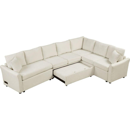 124.8"L-shaped Sofa Convertible Sofa Bed Pull Out Sofa Sleeper with Two Back Pillows, Two USB Ports and Two Power Sockets for Living Room, Beige