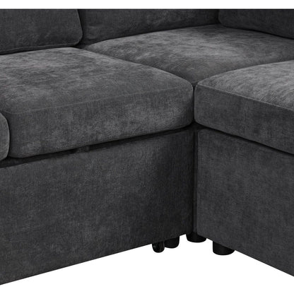 124.8"L-shaped Sofa Convertible Sofa Bed Pull Out Sofa Sleeper with Two Back Pillows, Two USB Ports and Two Power Sockets for Living Room, Gray