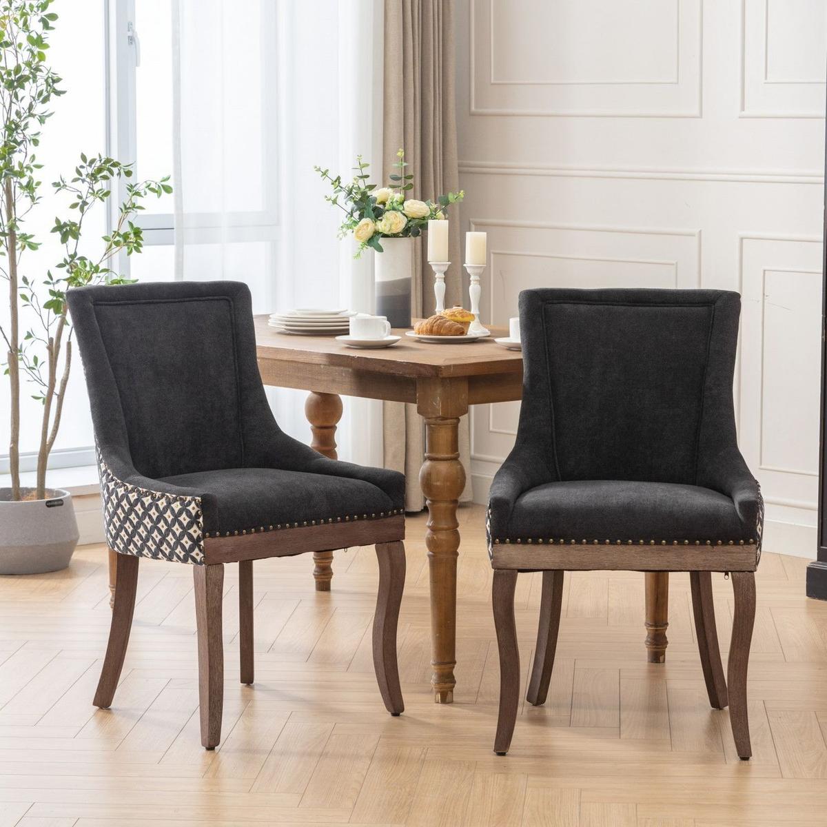 Ultra Side Dining Chair, Thickened fabric chairs with neutrally toned solid wood legs, Bronze nail head, Set of 2, Blue