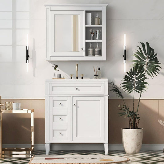 30" Bathroom Vanity with Top Sink, Modern Bathroom Storage Cabinet with 2 Drawers and a Tip-out Drawer, Freestanding Vanity Set with Mirror Cabinet, Single Sink Bathroom Vanity