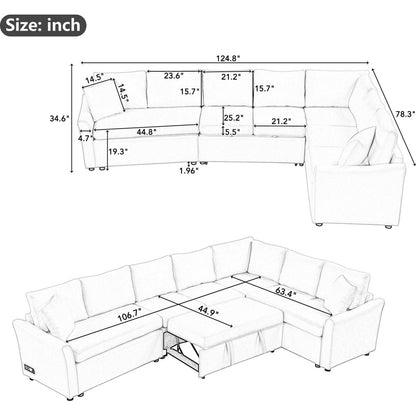 124.8"L-shaped Sofa Convertible Sofa Bed Pull Out Sofa Sleeper with Two Back Pillows, Two USB Ports and Two Power Sockets for Living Room, Beige
