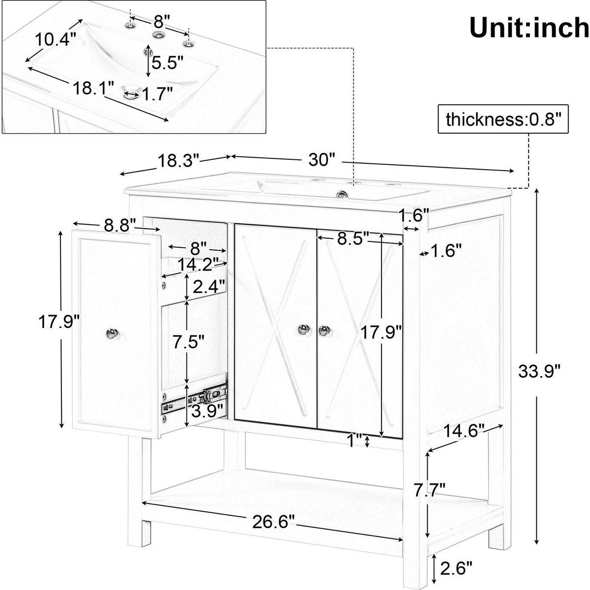 30" Bathroom Vanity with Sink Top, Bathroom Vanity Cabinet with Two Doors and One Drawer, MDF Boards, Solid Wood, One Package, White