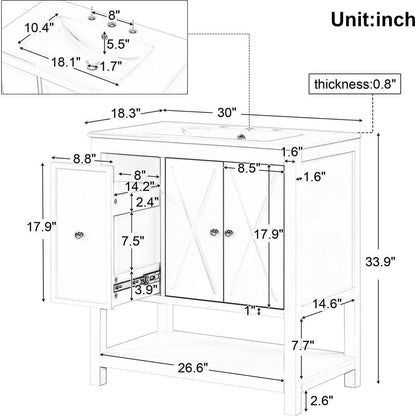 30" Bathroom Vanity with Sink Top, Bathroom Vanity Cabinet with Two Doors and One Drawer, MDF Boards, Solid Wood, One Package, White