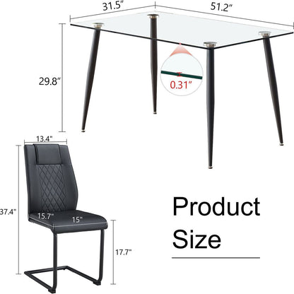 Table and chair set. 1 table and 4 chairs. Glass dining table, 0.31 "tempered glass tabletop and black metal legs. Black armless dining chair F-1544