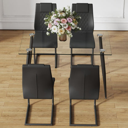 Table and chair set. 1 table and 4 chairs. Glass dining table, 0.31 "tempered glass tabletop and black metal legs. Black armless dining chair F-1544