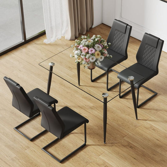 Table and chair set. 1 table and 4 chairs. Glass dining table, 0.31 "tempered glass tabletop and black metal legs. Black armless dining chair F-1544