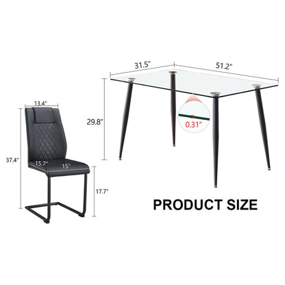 Table and chair set. 1 table and 4 chairs. Glass dining table, 0.31 "tempered glass tabletop and black metal legs. Black armless dining chair F-1544