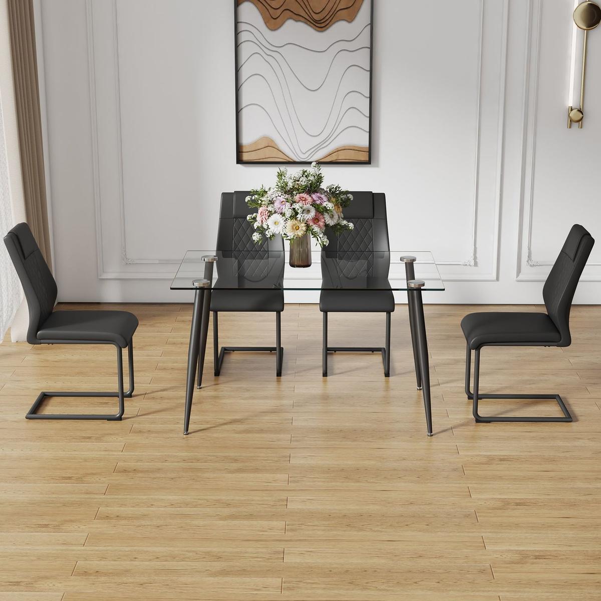 Table and chair set. 1 table and 4 chairs. Glass dining table, 0.31 "tempered glass tabletop and black metal legs. Black armless dining chair F-1544