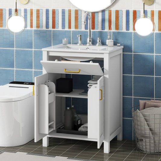 24"Bathroom Vanity Combo with Ceramic sink, Luxurious Space-Saving Vanity - W24"xD18"xH34"inch, 2 Soft-Close Doors