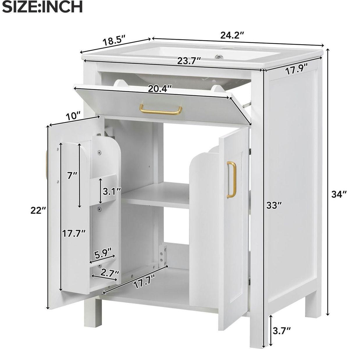 24"Bathroom Vanity Combo with Ceramic sink, Luxurious Space-Saving Vanity - W24"xD18"xH34"inch, 2 Soft-Close Doors