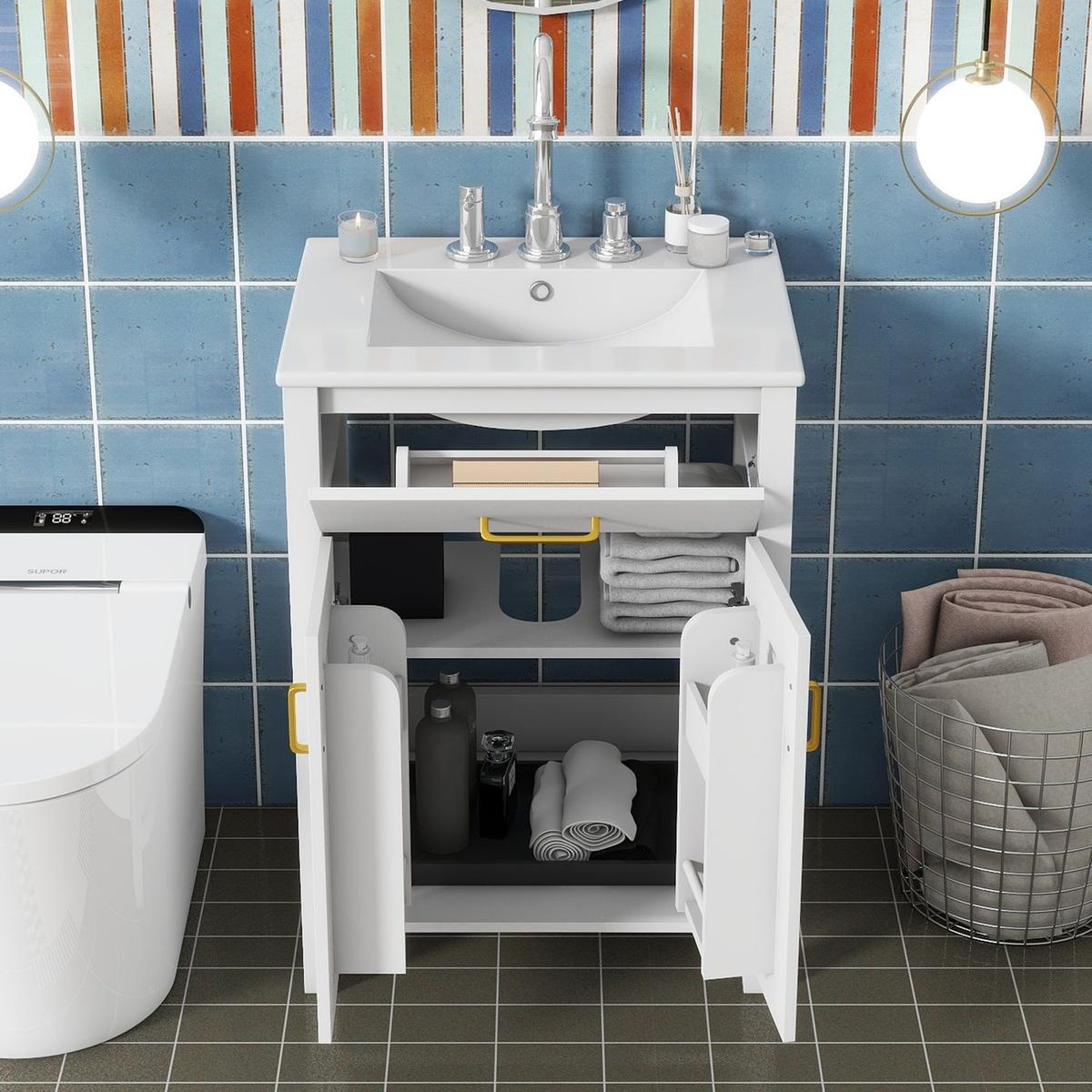 24"Bathroom Vanity Combo with Ceramic sink, Luxurious Space-Saving Vanity - W24"xD18"xH34"inch, 2 Soft-Close Doors