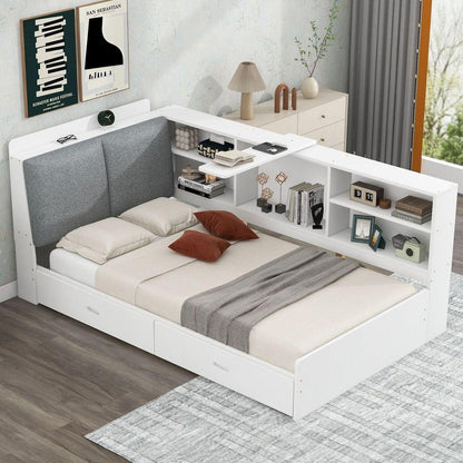 Wood Twin Size platform bed with Storage Headboard, Shelves and 2 Drawers, White