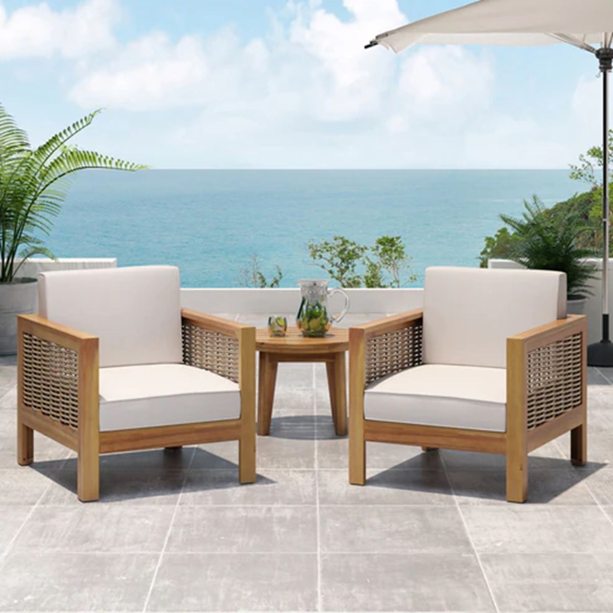 Set of 2, Outdoor Acacia Wood Club Chair with Wicker Accents, Teak Finish + Mixed Brown + Beige, 30.25'D x 27.5'W x 23.75'H