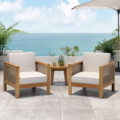 Set of 2, Outdoor Acacia Wood Club Chair with Wicker Accents, Teak Finish + Mixed Brown + Beige, 30.25'D x 27.5'W x 23.75'H