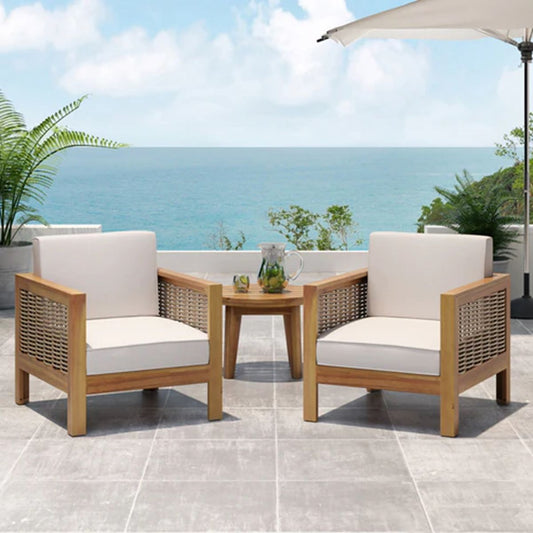 Set of 2, Outdoor Acacia Wood Club Chair with Wicker Accents, Teak Finish + Mixed Brown + Beige, 30.25'D x 27.5'W x 23.75'H