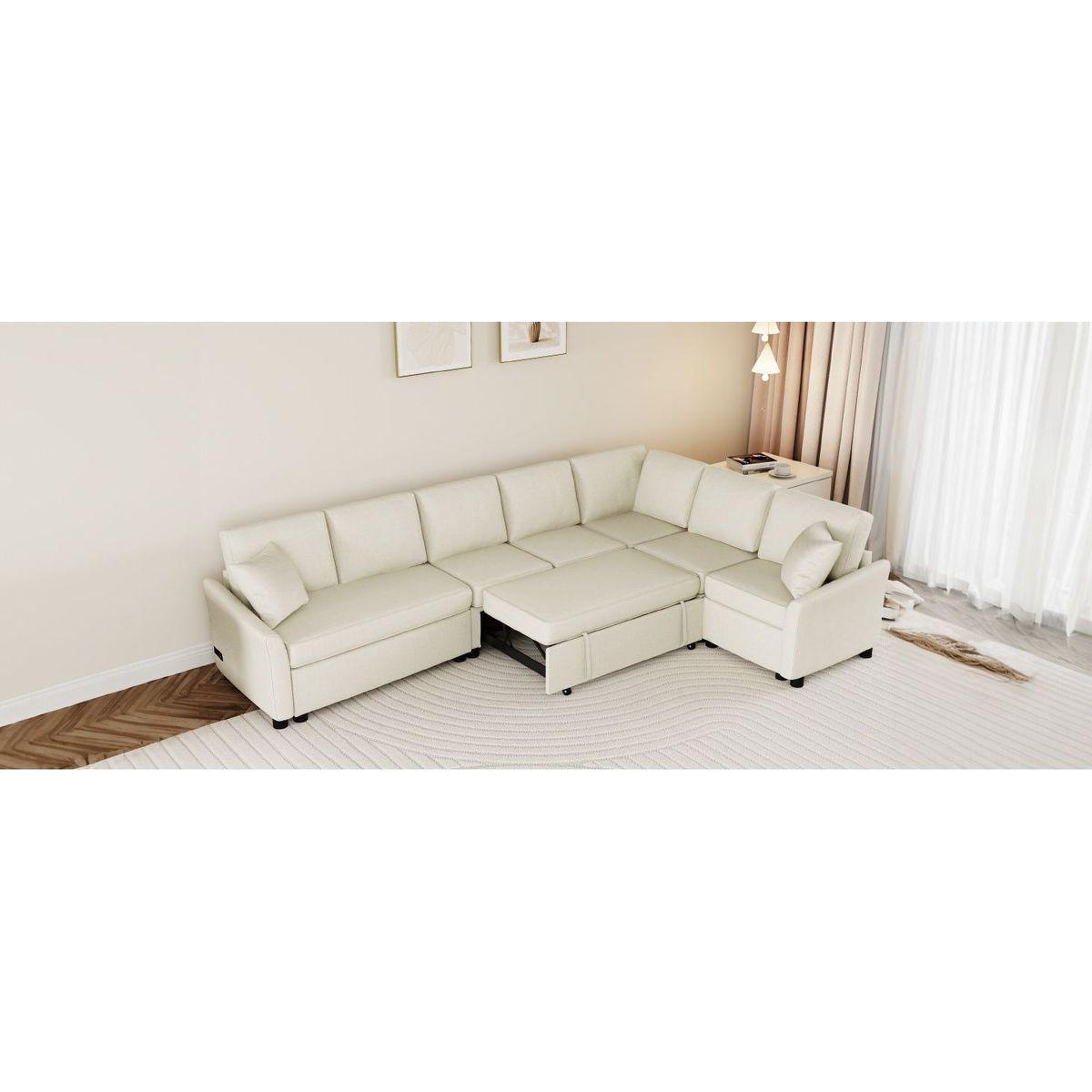 124.8"L-shaped Sofa Convertible Sofa Bed Pull Out Sofa Sleeper with Two Back Pillows, Two USB Ports and Two Power Sockets for Living Room, Beige
