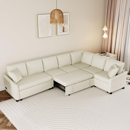 124.8"L-shaped Sofa Convertible Sofa Bed Pull Out Sofa Sleeper with Two Back Pillows, Two USB Ports and Two Power Sockets for Living Room, Beige