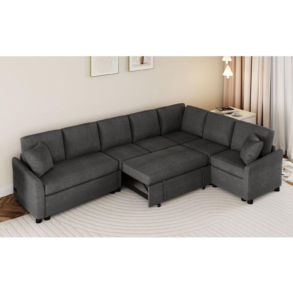 124.8"L-shaped Sofa Convertible Sofa Bed Pull Out Sofa Sleeper with Two Back Pillows, Two USB Ports and Two Power Sockets for Living Room, Gray