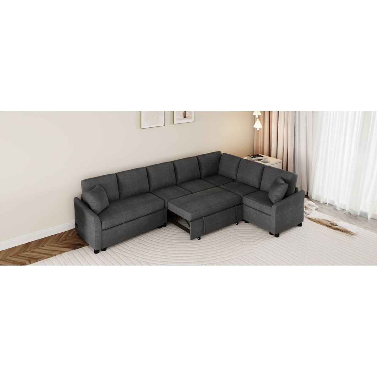 124.8"L-shaped Sofa Convertible Sofa Bed Pull Out Sofa Sleeper with Two Back Pillows, Two USB Ports and Two Power Sockets for Living Room, Gray