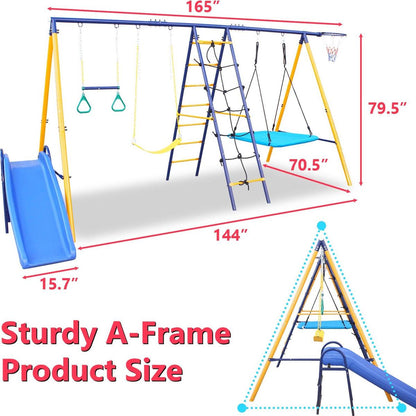 500 lbs 7 in 1 Swing Set for Kids Backyard Outdoor A-Frame Heavy-Duty Metal Swing Sets with Slide, 2 Swing Seats, 1 Climbing Net & Ladder, 1 Gym Ring, 1 Basket