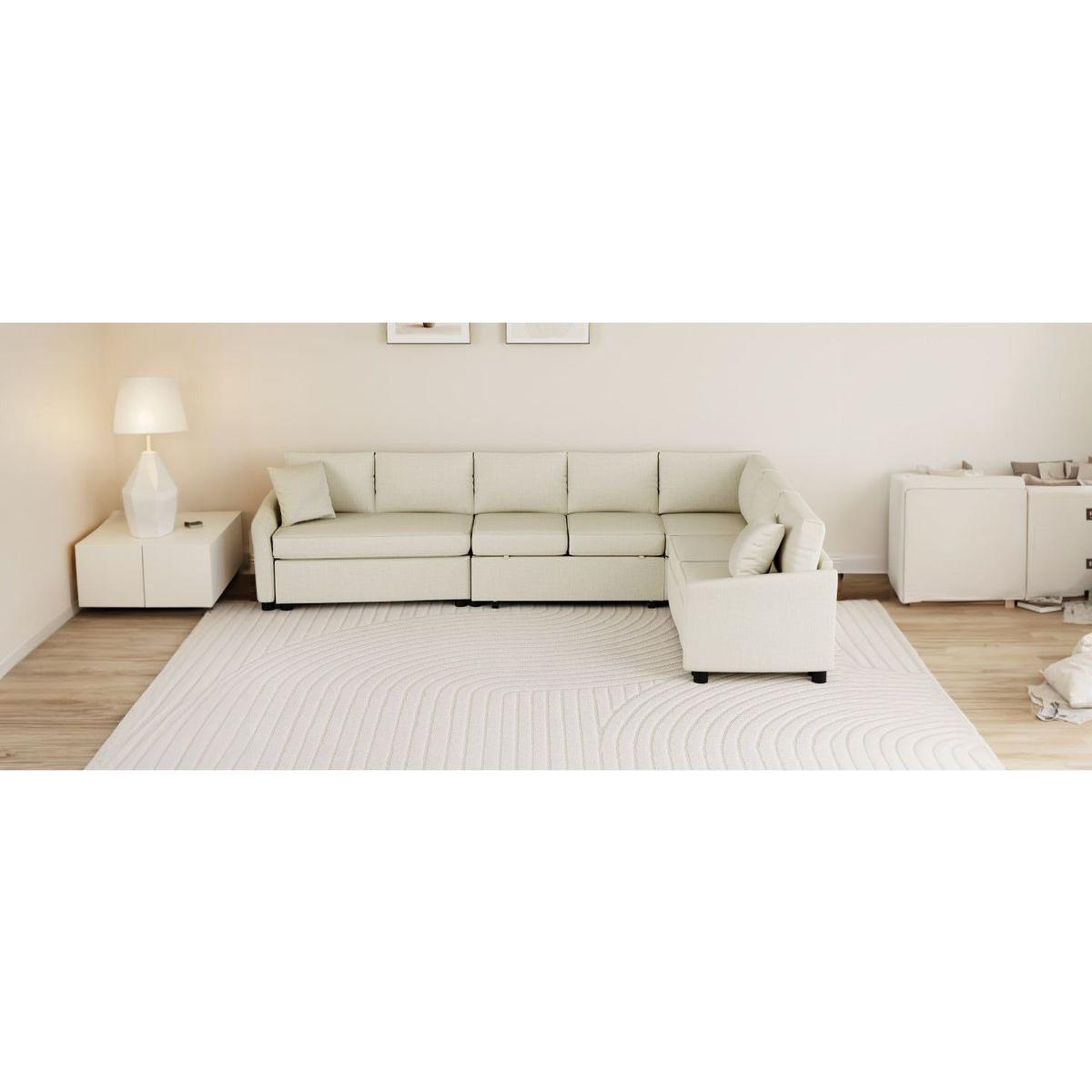 124.8"L-shaped Sofa Convertible Sofa Bed Pull Out Sofa Sleeper with Two Back Pillows, Two USB Ports and Two Power Sockets for Living Room, Beige