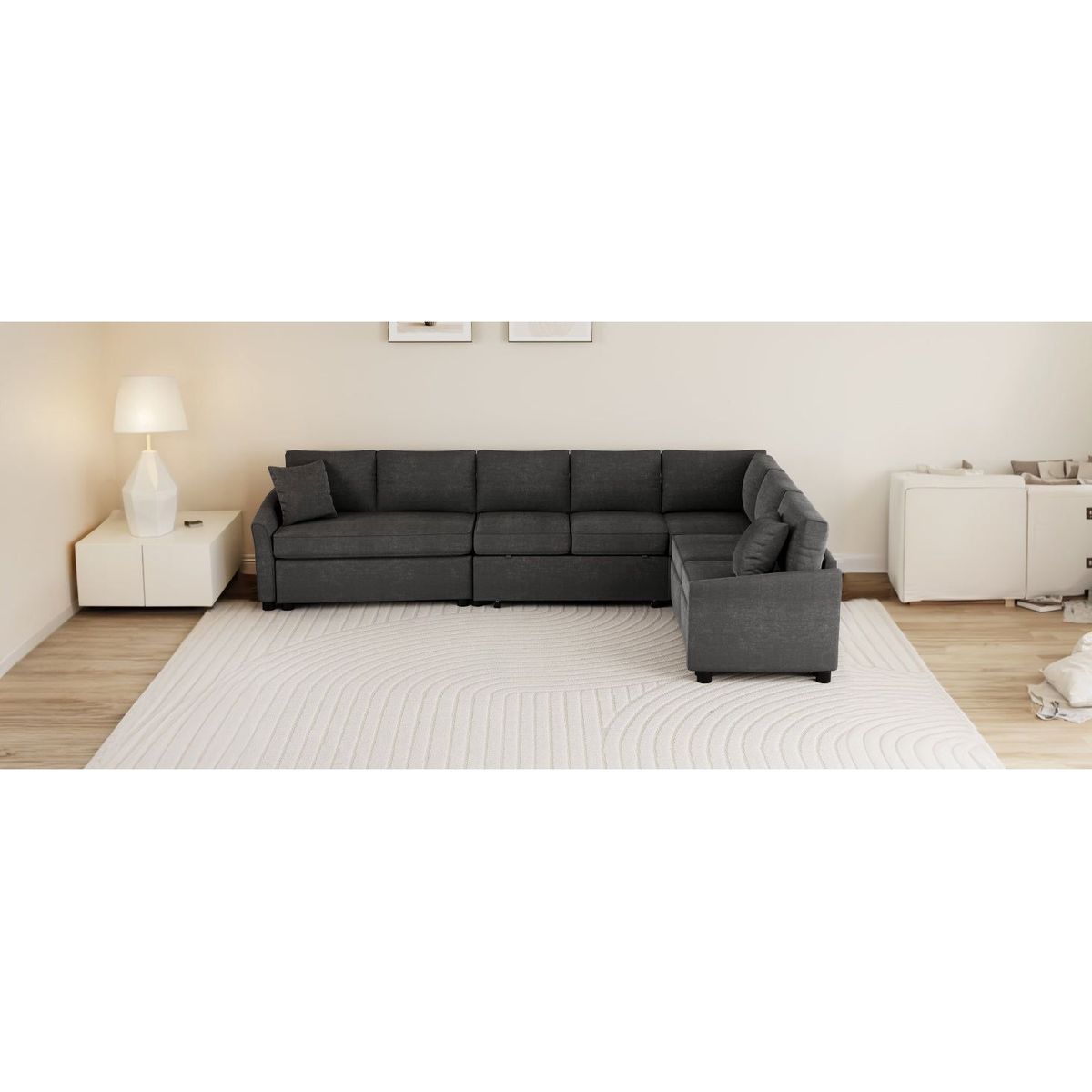 124.8"L-shaped Sofa Convertible Sofa Bed Pull Out Sofa Sleeper with Two Back Pillows, Two USB Ports and Two Power Sockets for Living Room, Gray