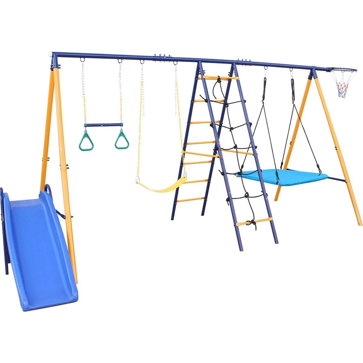 500 lbs 7 in 1 Swing Set for Kids Backyard Outdoor A-Frame Heavy-Duty Metal Swing Sets with Slide, 2 Swing Seats, 1 Climbing Net & Ladder, 1 Gym Ring, 1 Basket
