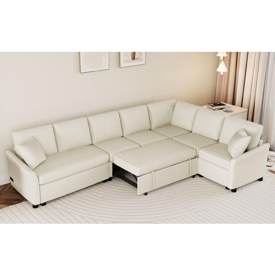 124.8"L-shaped Sofa Convertible Sofa Bed Pull Out Sofa Sleeper with Two Back Pillows, Two USB Ports and Two Power Sockets for Living Room, Beige