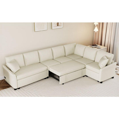 124.8"L-shaped Sofa Convertible Sofa Bed Pull Out Sofa Sleeper with Two Back Pillows, Two USB Ports and Two Power Sockets for Living Room, Beige