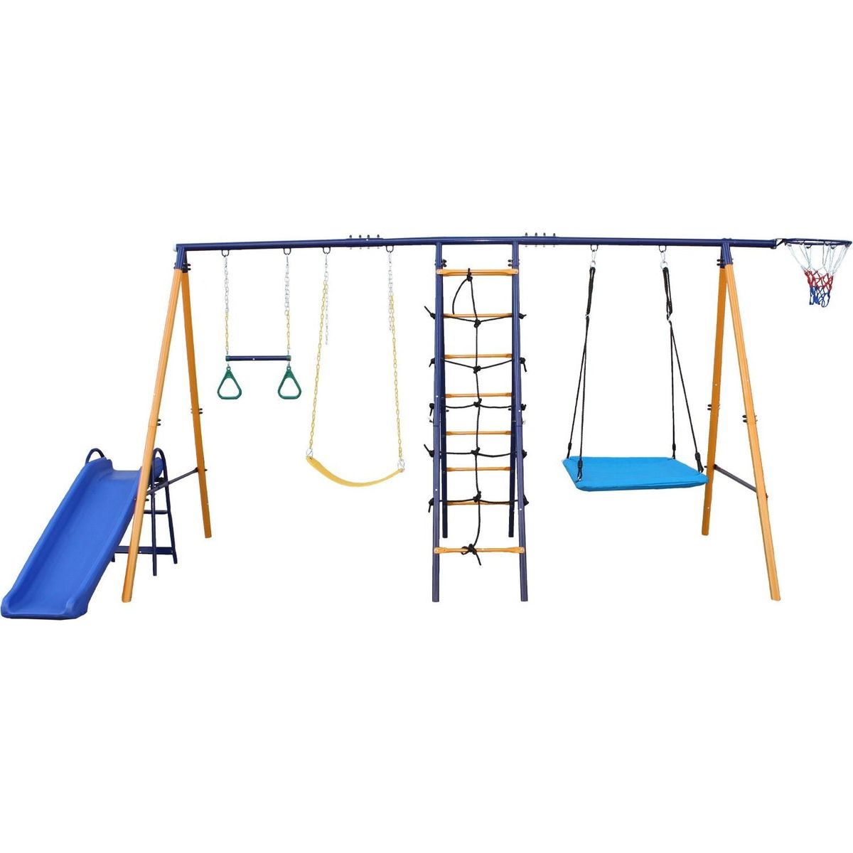 500 lbs 7 in 1 Swing Set for Kids Backyard Outdoor A-Frame Heavy-Duty Metal Swing Sets with Slide, 2 Swing Seats, 1 Climbing Net & Ladder, 1 Gym Ring, 1 Basket