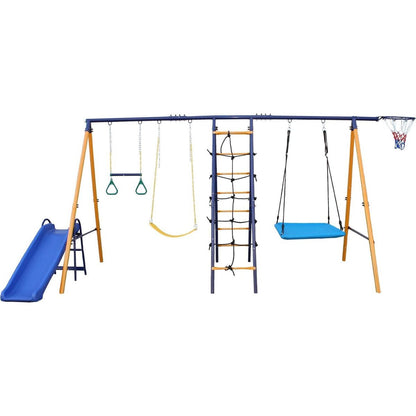 500 lbs 7 in 1 Swing Set for Kids Backyard Outdoor A-Frame Heavy-Duty Metal Swing Sets with Slide, 2 Swing Seats, 1 Climbing Net & Ladder, 1 Gym Ring, 1 Basket