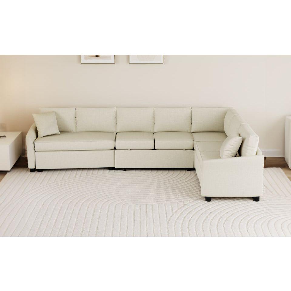 124.8"L-shaped Sofa Convertible Sofa Bed Pull Out Sofa Sleeper with Two Back Pillows, Two USB Ports and Two Power Sockets for Living Room, Beige