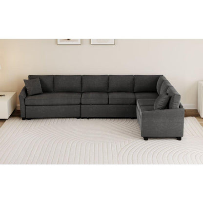 124.8"L-shaped Sofa Convertible Sofa Bed Pull Out Sofa Sleeper with Two Back Pillows, Two USB Ports and Two Power Sockets for Living Room, Gray