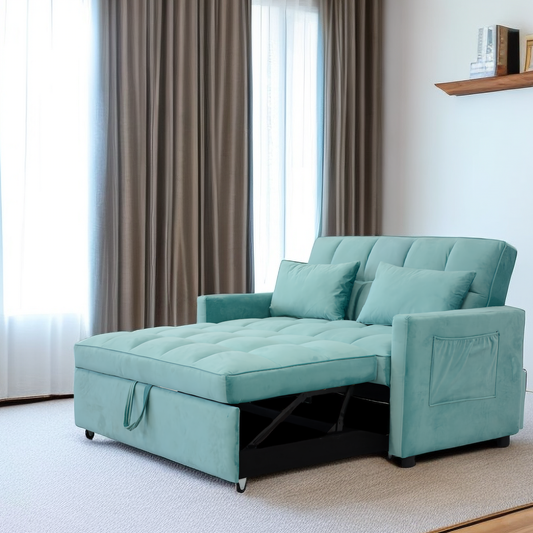 Plush Velvet Two-Seater Pull-Out Sofa Bed with Storage Pockets, USB Charging Ports, and Phone Holder - Adjustable Backrest Comfort Foldable Sofa Bed