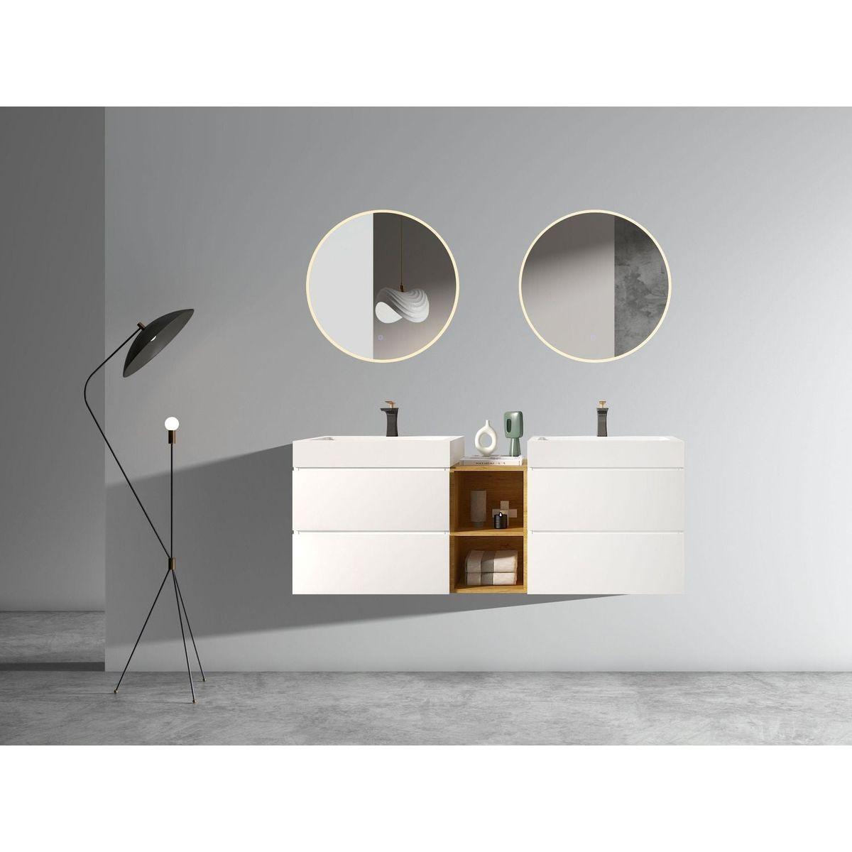 U063-ALICE72W-201 Alice 72" White Bathroom Vanity with Double Sinks and Open Shelf, Modern Wall Mounted Floating Bathroom Vanity, One-Piece Sink Basin without Drain and Faucet