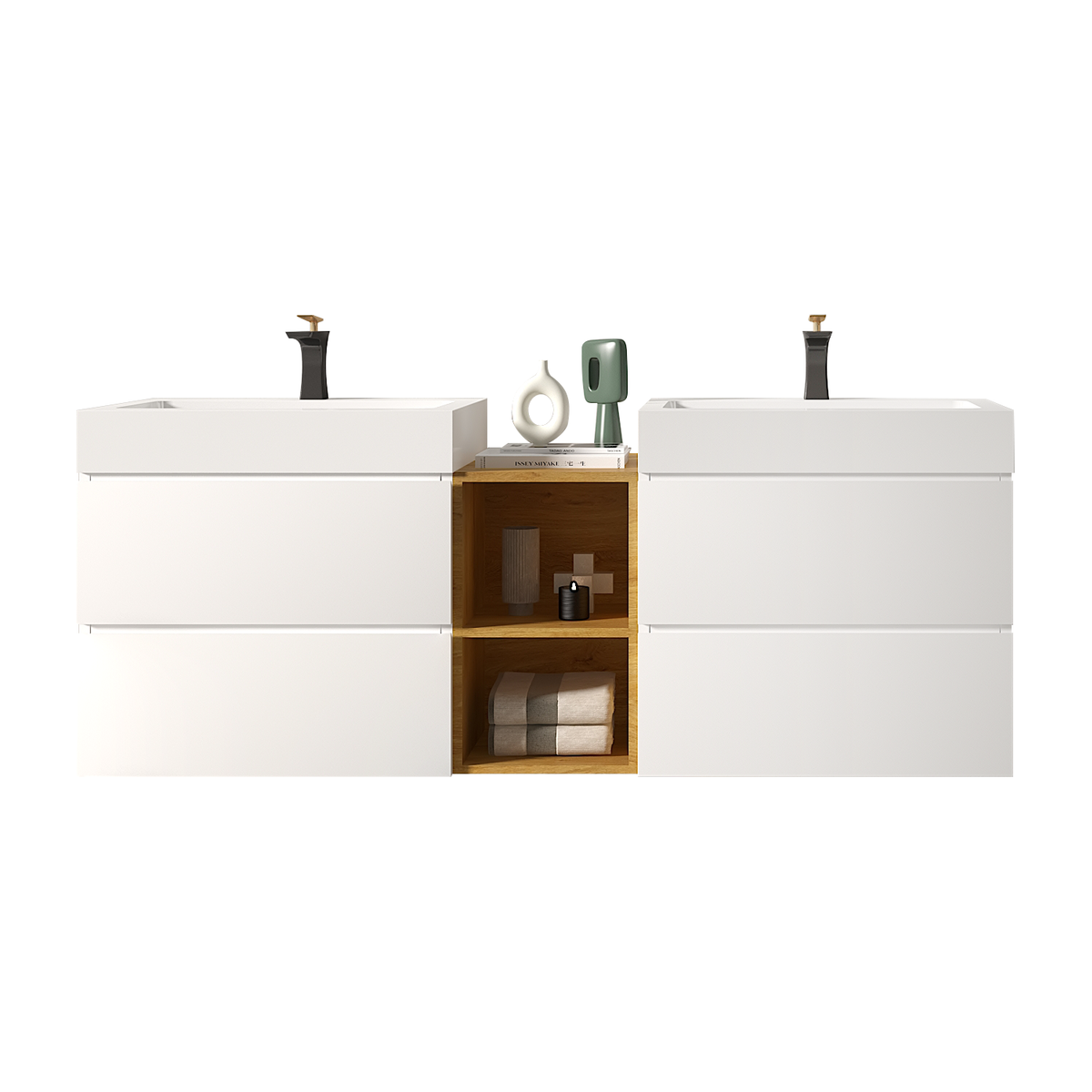 U062-Alice60W-201 Alice 60" White Bathroom Vanity with Double Sinks and Open Shelf, Modern Wall Mounted Floating Bathroom Vanity, One-Piece Sink Basin without Drain and Faucet