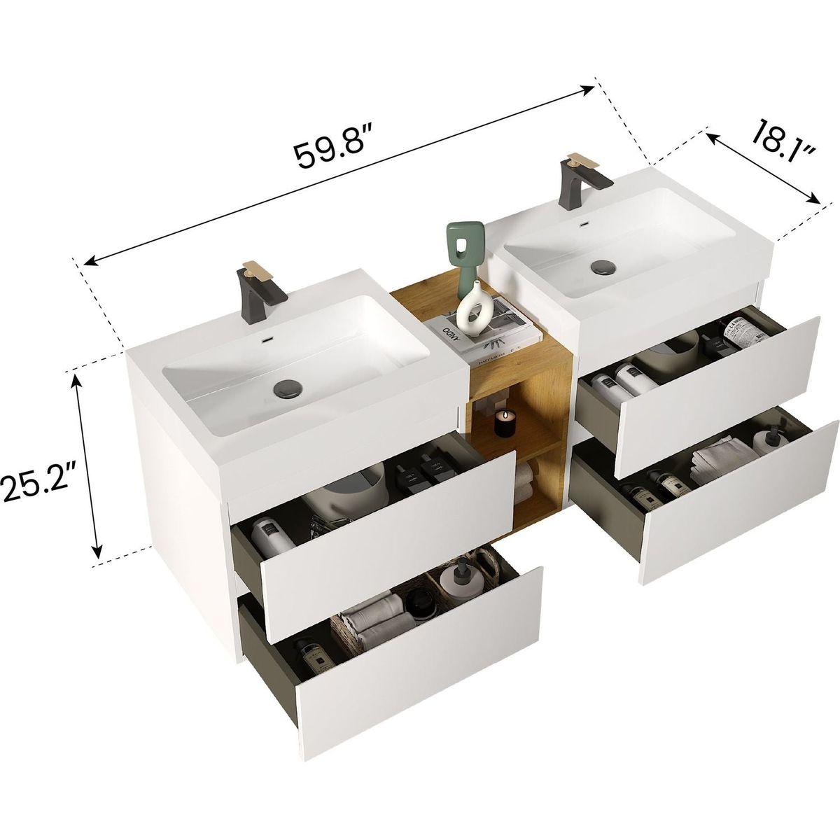 U062-Alice60W-201 Alice 60" White Bathroom Vanity with Double Sinks and Open Shelf, Modern Wall Mounted Floating Bathroom Vanity, One-Piece Sink Basin without Drain and Faucet